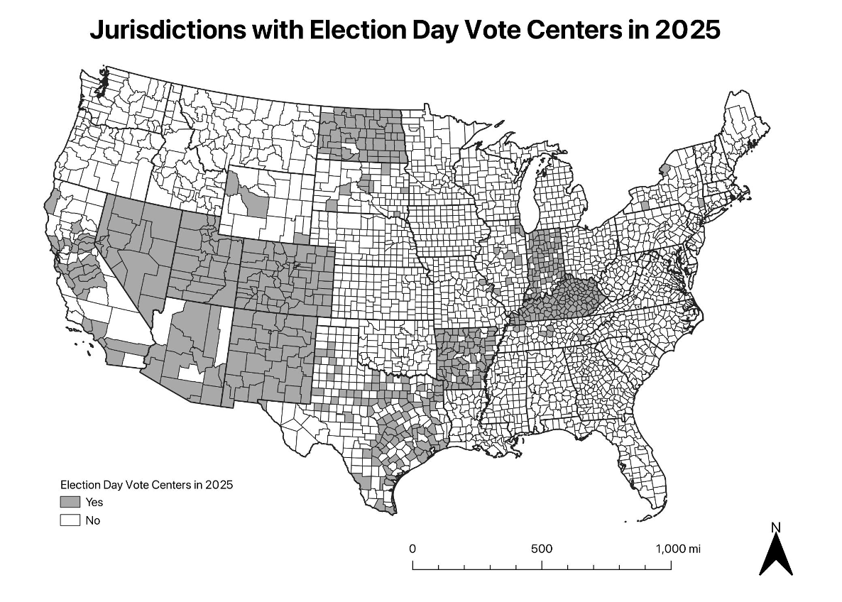 Map of jurisdictions with Election Day Vote Centers in 2025